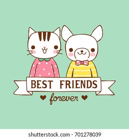 Cute cat and dog characters with text best friends forever. Isolated on green background. Flat design. Vector illustration.