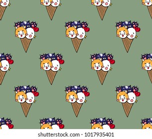 Cute Cat Dog Chicken Ice Cream on Green Tea Background. Vector Illustration.