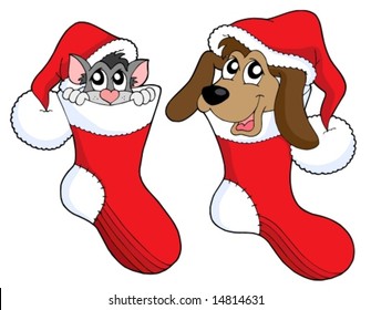 Cute cat and dog in Christmas socks - vector illustration.