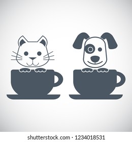 Cute cat and dog with coffee cup logo vector.