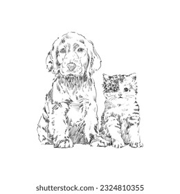 Cute cat and dog drawing icon character vector illustration. Isolated on white background.