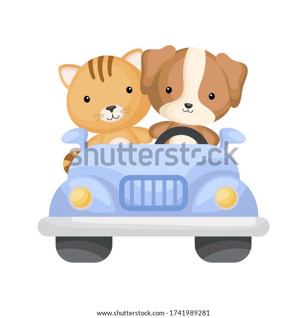 Cute cat and dog driver on\
blue car. Graphic element for childrens book, album, scrapbook,\
postcard or mobile game. Flat vector illustration isolated on white\
background.