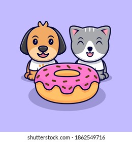 Cute Cat and Dog Eating Donuts Cartoon Vector Icon Illustration. Flat Cartoon Style