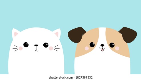 Cute Cat Dog Face Head Set. Funny Baby Sad Kitty Puppy. Kawaii Animal. White Silhouette. Cute Cartoon Kitten Character. Happy Valentines Day. Love Card. Flat Design Blue Background Vector Illustration