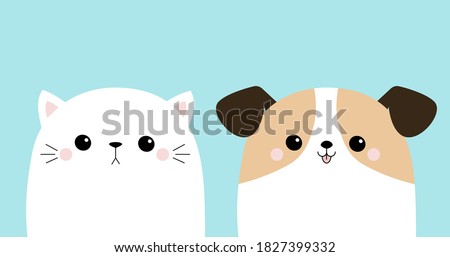 Cute cat dog face head set. Funny baby sad kitty puppy. Kawaii animal. White silhouette. Cute cartoon kitten character. Happy Valentines Day. Love card. Flat design Blue background Vector illustration