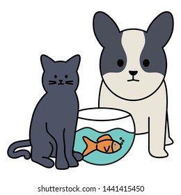 cute cat and dog with fish in aquarium mascots