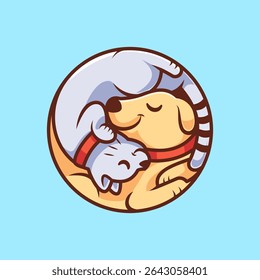 Cute Cat And Dog Friend Sleeping Cartoon Vector Icon Illustration. Animal Nature Icon Concept Isolated Premium Vector. Flat Cartoon Style
