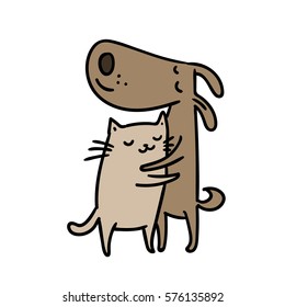 cute cat and dog. friendly hug. best friends. vector illustration