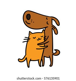 cute cat and dog. friendly hug. best friends. vector illustration