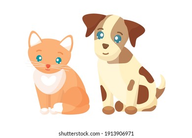 Cute cat and dog friends in cartoon style. Vector illustration of pets. Isolated animals on a white background. Happy kitten and doggie for the design of cards, posters, calendars, websites.