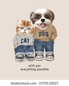 cute cat and dog friendship in fashion style graphic vector illustration