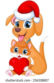 Cute cat and dog with heart and a Santa hat