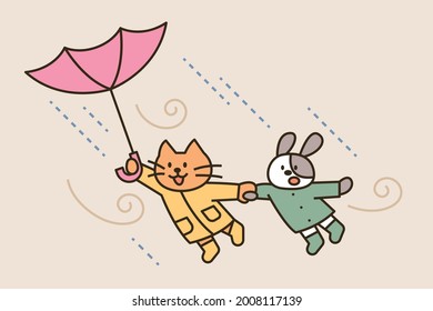 Un gato y un perro guapos y volando en un tifón. Personajes animales. Esbozar ilustración vectorial simple.