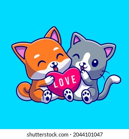 Cute Cat and Dog Holding Love Heart Cartoon Vector Icon Illustration. Animal Nature Icon Concept Isolated Premium Vector. Flat Cartoon Style