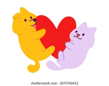 Cute cat and dog hugging heart vector illustration. Simple flat animal concept for valentines or veterinarian card