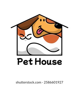 CUTE CAT AND A DOG INSIDE A HOUSE CARTOON LOGO