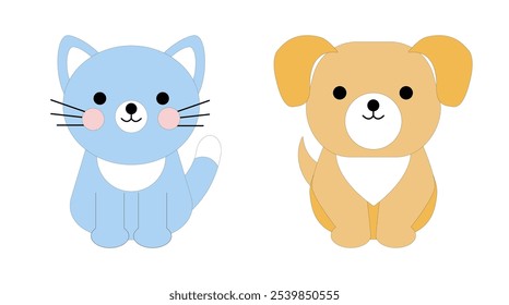 Cute cat and dog isolated on a white background. Kitty and puppy. Vector illustration in flat style, colored icon.