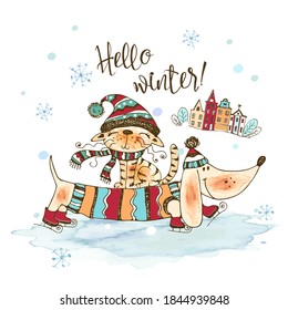 Cute cat and dog in a knitted hat and scarves walk in winter. Graphics and watercolors. Doodle style.