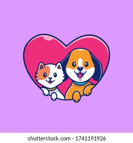 Cute Cat And Dog With Love Vector Icon Illustration. Animal Icon Concept Isolated Premium Vector. Flat Cartoon Style 