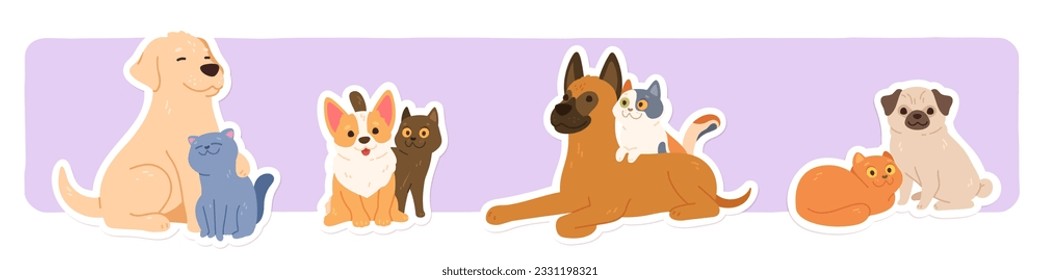 Cute cat, dog mammal pet friends stickers set. Funny doggy, kitten domestic animals hugging, sitting together cartoon characters collection. Companions couples friendship flat vector illustration