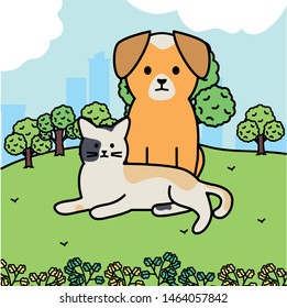cute cat and dog mascots in the landscape