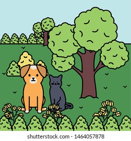 cute cat and dog mascots in the landscape