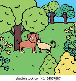 cute cat and dog mascots in the landscape