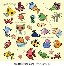 Cute cat, dog mermaids, fishes, whales on the beach, vector doodle illustration cards for kids