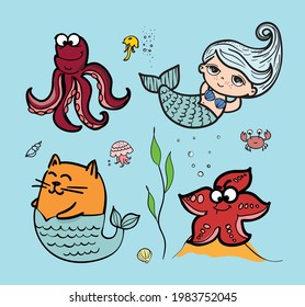 Cute cat, dog mermaids, fishes, whales in the sea vector doodle illustration cards for kids