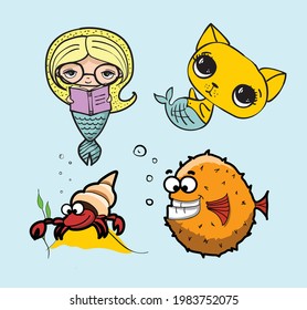 Cute cat, dog mermaids, fishes, whales in the sea vector doodle illustration cards for kids