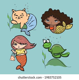 Cute cat, dog mermaids, fishes, whales in the sea vector doodle illustration cards for kids