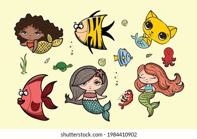 Cute cat, dog mermaids, fishes, whales in the sea vector doodle illustration cards for kids
