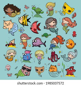 Cute cat, dog mermaids, fishes, whales in the sea vector doodle illustration cards for kids
