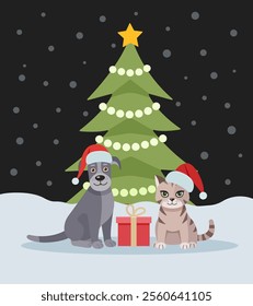 Cute cat and dog near the New Year tree. Christmas card with cat and dog. Happy holidays. Greeting concept. Ideal for print, postcard or label. New Year card.