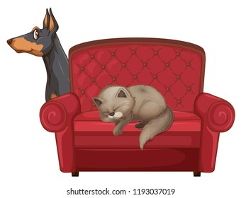 Cute cat and dog on couch  illustration