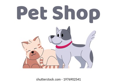 Cute cat and dog on pet shop advertisement in vintage style creative design. Vector illustration