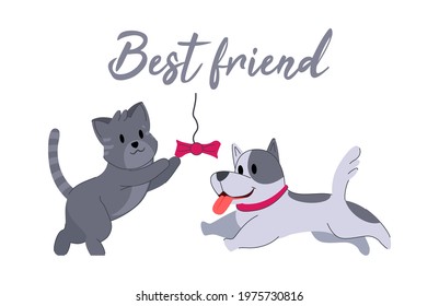 Cute cat and dog on a postcard in vintage style creative design You are my best friend dark brown and light cats vector illustration.