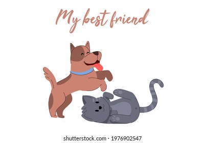 Cute cat and dog on a postcard in vintage style creative design You are my best friend dark brown and light cats vector illustration.