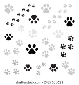 Nette Katze, Hund Pfote Print. Schwarze, weiße süße Katzenpfote schwarze und weiße Farben. Aufkleber, Wandkunst, Hintergrund, Kinderzimmer Dekoration. Pfote, Weg, Haustier, Schritt, Fußabdruck