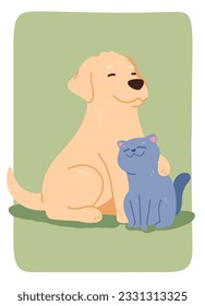 Liebhaber von Hunden und Katzen sitzen zusammen. Funny Labrador Retriever Hundekuchen mit Pfotenaufkleber. Comanion Pay Freundschaftscartoon Charaktere flache Vektorgrafik