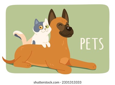 Cute Katze, Hundefreunde, die zusammen aufklebern. Freundlicher deutscher Schäferhund hat ein Haustier-Poster. Funny begleitend Paar Freundschaftscartoon Charaktere flache Vektorgrafik