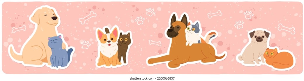 Cute cat and dog pets friends stickers set. Funny puppy, kitten domestic animals hugging, sitting together cartoon characters collection. Pets companions couples friendship flat vector illustration