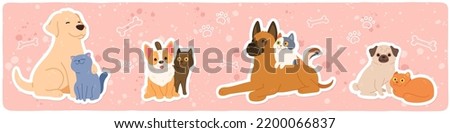Cute cat and dog pets friends stickers set. Funny puppy, kitten domestic animals hugging, sitting together cartoon characters collection. Pets companions couples friendship flat vector illustration