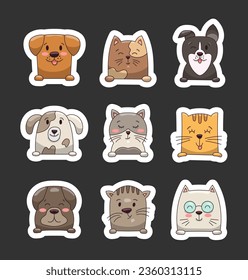 Cute cat and dog pets. Sticker Bookmark. Funny puppy, kitten domestic animals. Cartoon characters. Vector drawing. Collection of design elements.