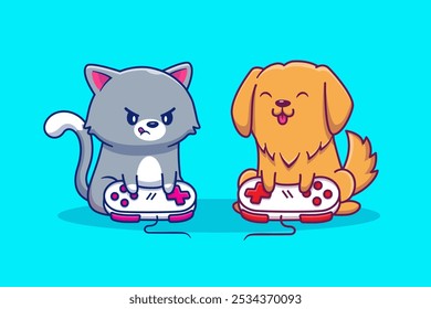 Cute Cat And Dog Playing Game Together With Controller Vector Design Illustrations Pack