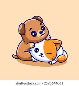 Cute Cat And Dog Playing Together Cartoon Vector Icon Illustration. Animal Nature Icon Concept Isolated Premium Vector. Flat Cartoon Style