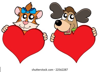 El gato y el perro con los corazones leídos - ilustración vectorial.