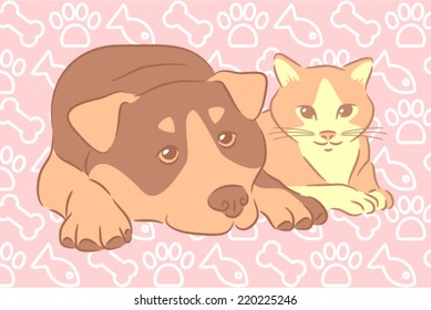 cute cat and dog resting together happy