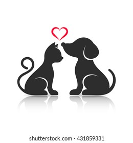 Cute cat and dog silhouettes with reflection