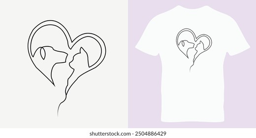 Cute Cat and dog single line art vector illustration. cat and dog love time t-shirt. cute cat art line t-shirt. dog art line. nice Cartoon.
 nice vector t-shirt. dog t-shirt. Cat icon in one line.